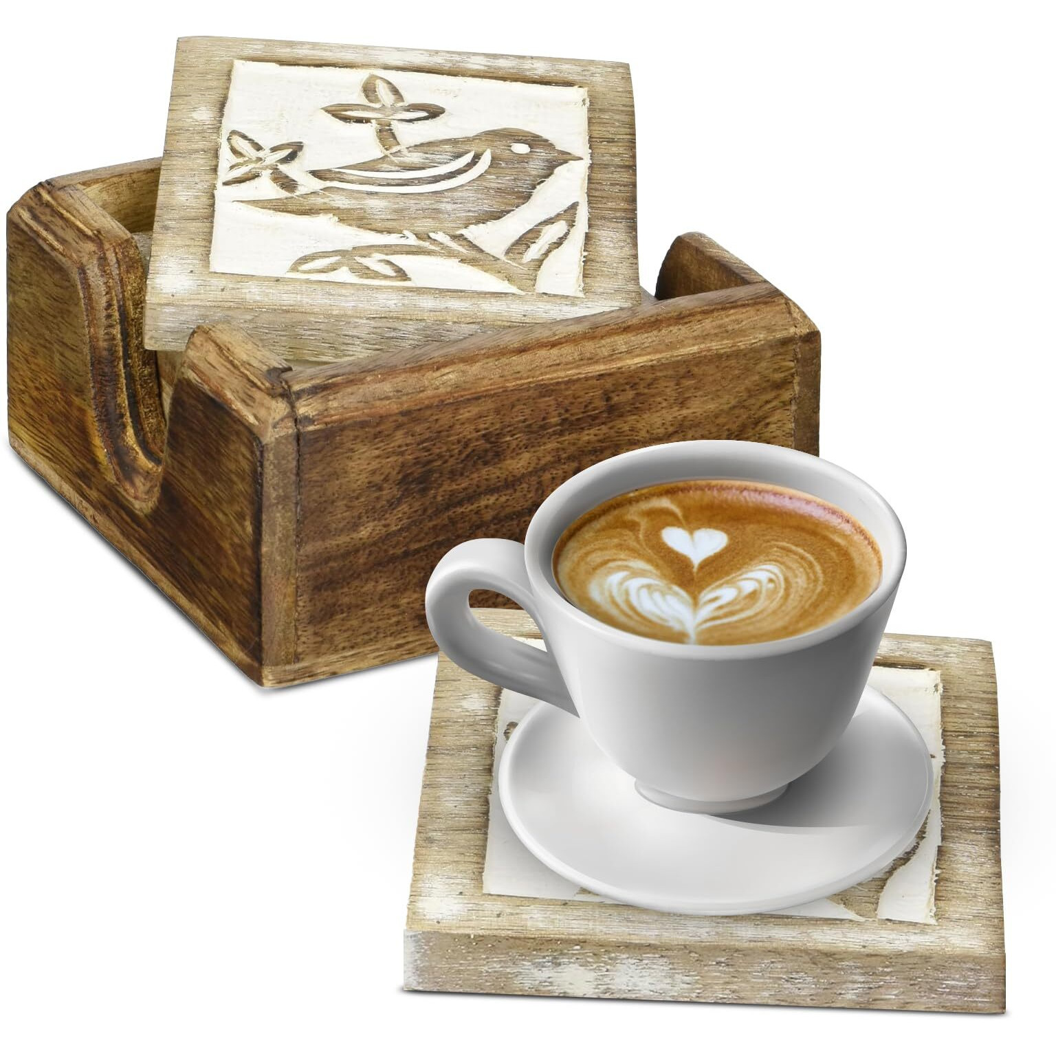 Store Indya Set of 4 Wood Coasters-Rustic Finish-Water Absorbent Eco-Friendly Protects Furniture from Water Stains & Damages-Set of 5 Drink Coasters Made Wood