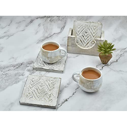 Set of 4 Wooden Square Coasters with Holder for Tea Coffee Beer Wine Glass Drinks-Whitewash Finish with Geometrical Carving Perfect Coasters