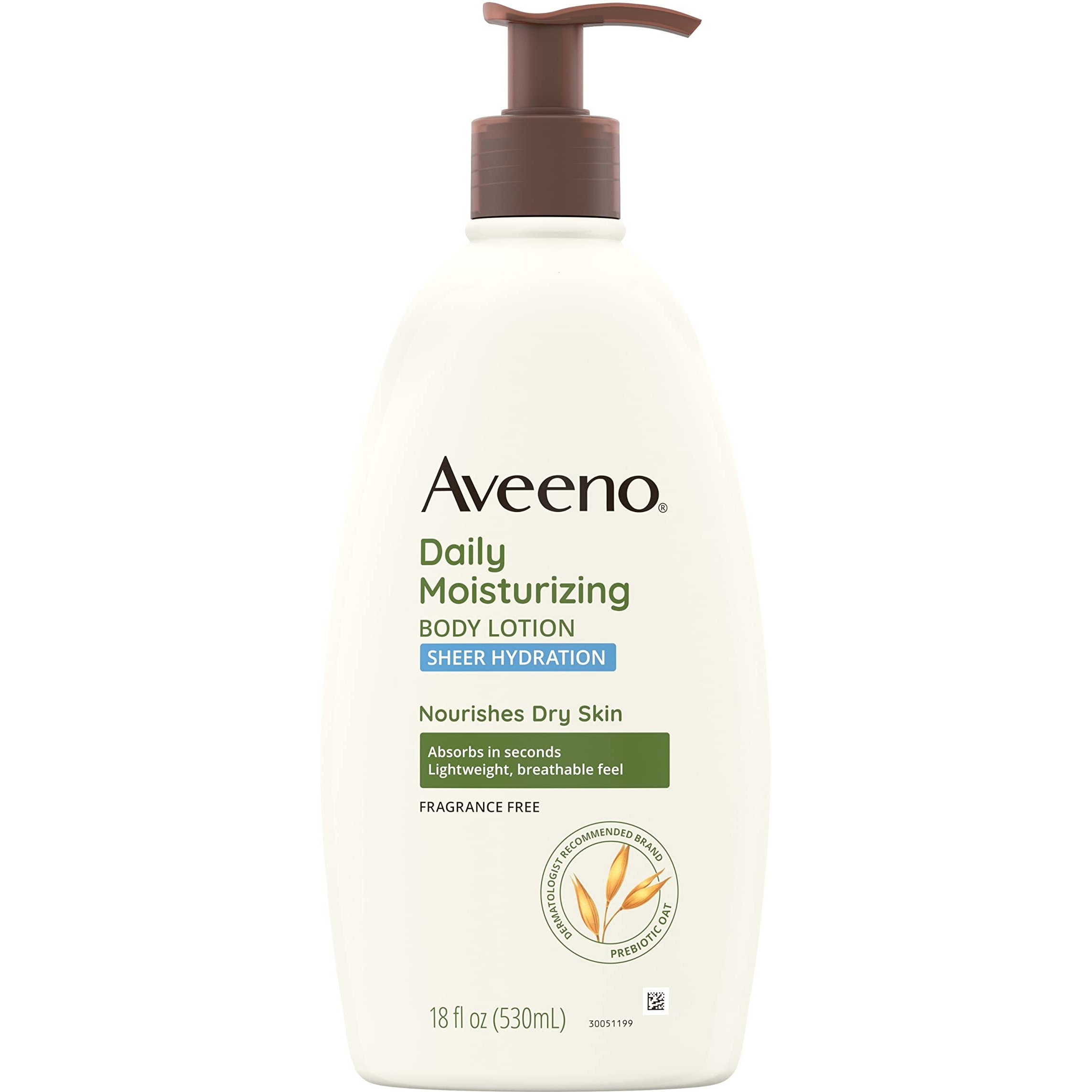 Aveeno Sheer Hydration Daily Moisturizing Fragrance-Free Lotion With Nourishing Prebiotic Oat, Fast-Absorbing Body Moisturizer For Dry Skin With Lightweight, Breathable Feel, 18 Fl. Oz