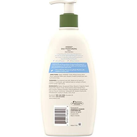Aveeno Sheer Hydration Daily Moisturizing Fragrance-Free Lotion With Nourishing Prebiotic Oat, Fast-Absorbing Body Moisturizer For Dry Skin With Lightweight, Breathable Feel, 18 Fl. Oz