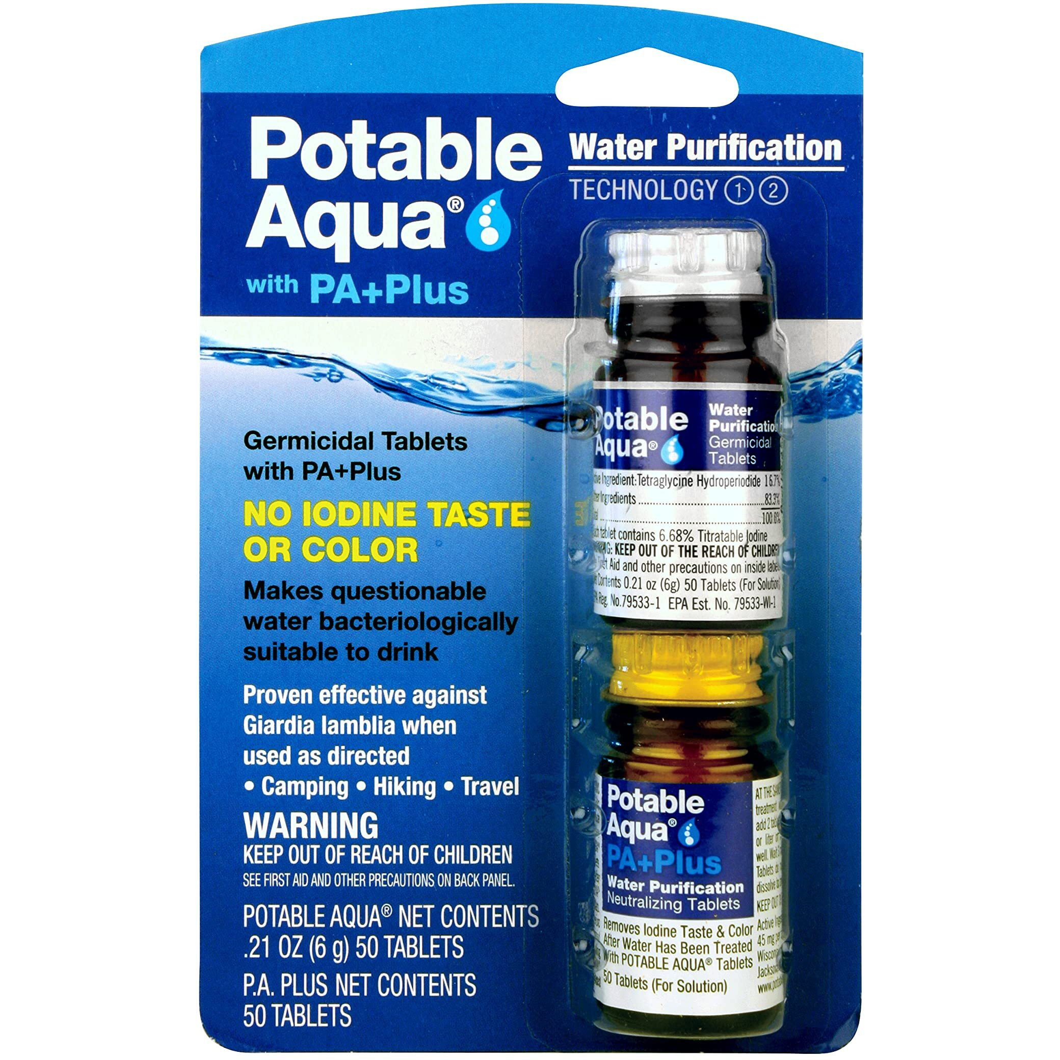 Potable Aqua Water Purification Tablets With Pa Plus, Portable And Effective Solution For Camping, Hiking, Emergencies, Natural Disasters And International Travel, Two 50Ct Bottles