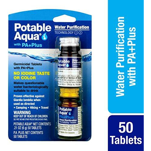 Potable Aqua Water Purification Tablets With Pa Plus, Portable And Effective Solution For Camping, Hiking, Emergencies, Natural Disasters And International Travel, Two 50Ct Bottles