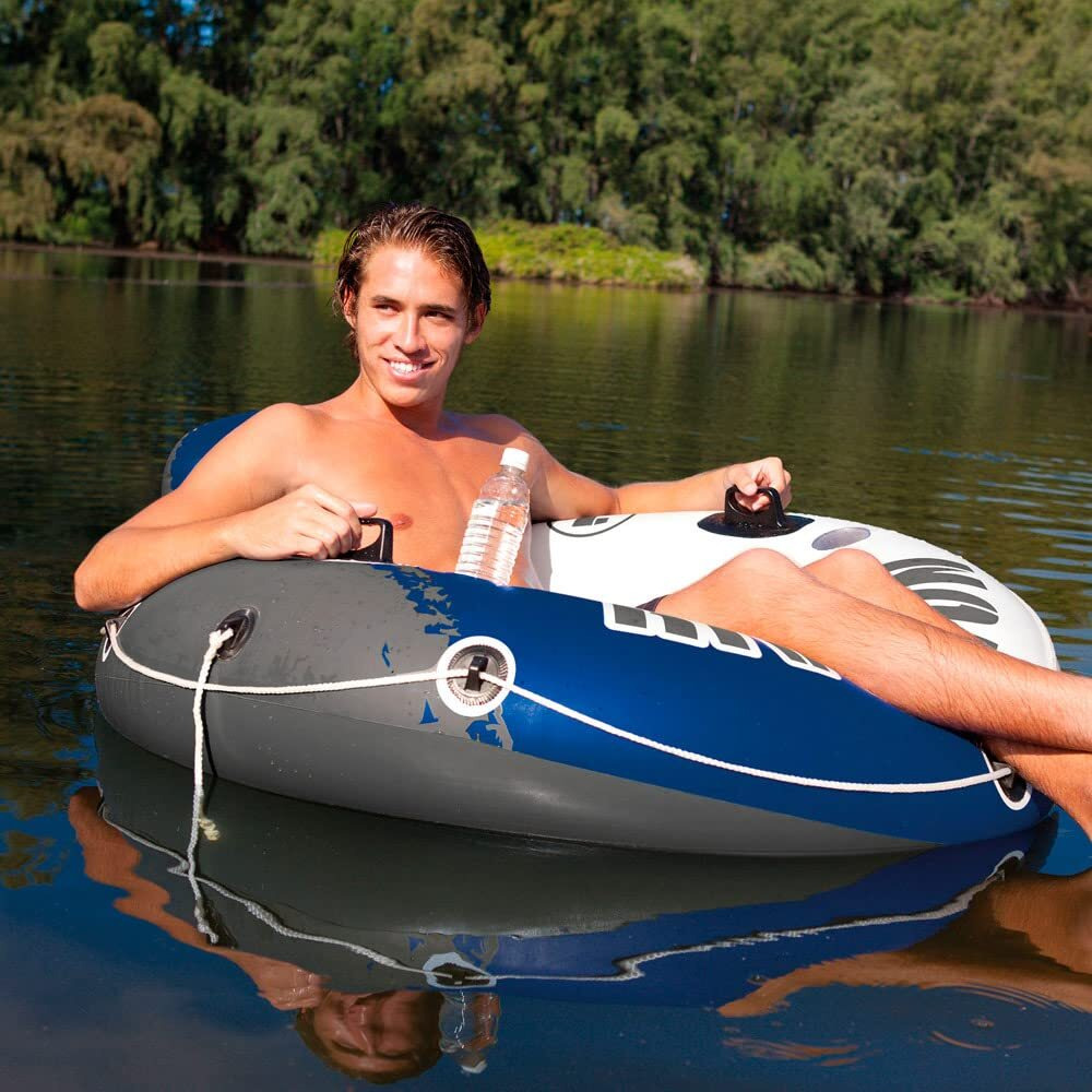Intex 58825Ep River Run 1 Inflatable Floating Lounge Comfortable Backrest - Built-In Cup Holders - Durable Grab Handles - All Around Grab Rope - 220Lb Weight Capacity- Blue