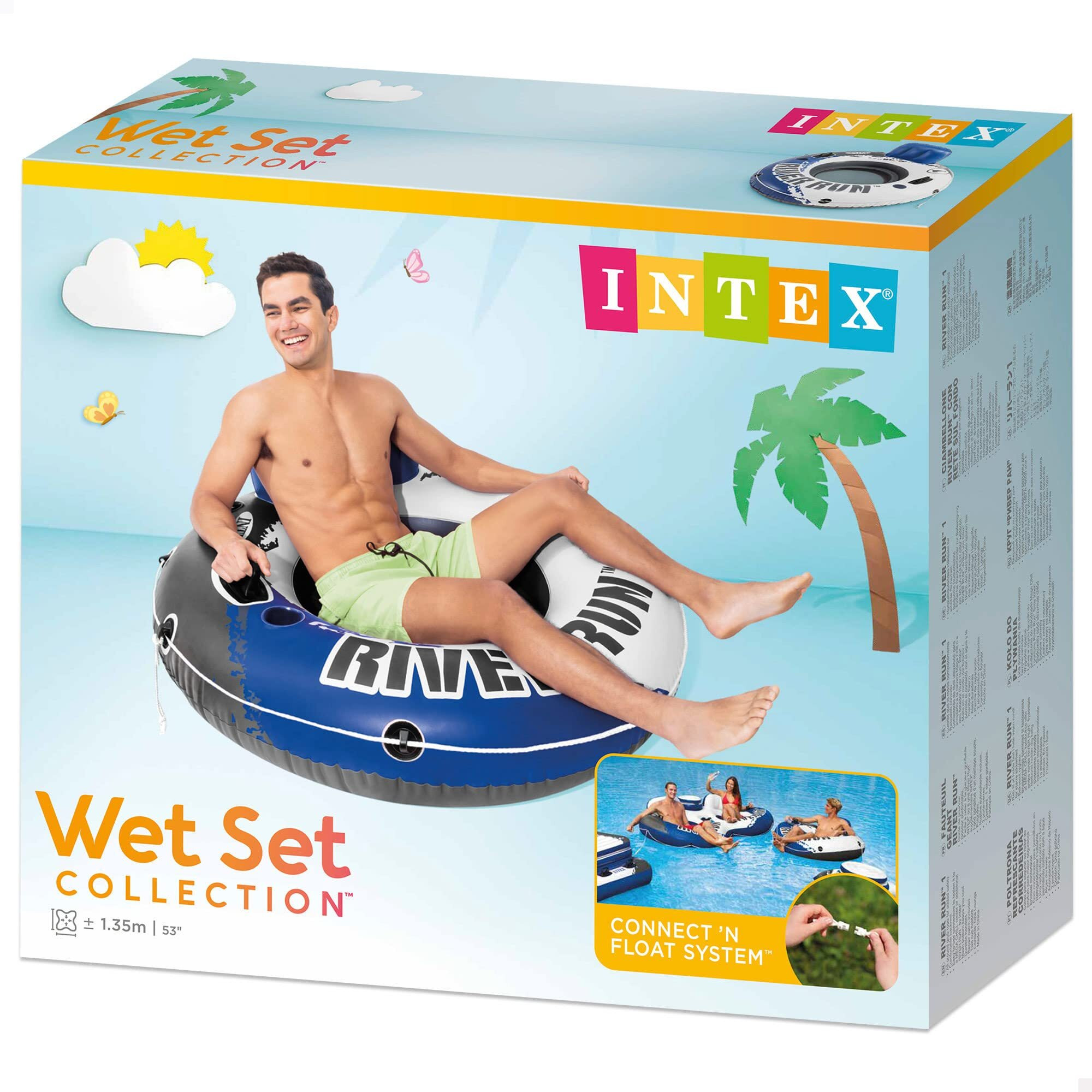 Intex 58825Ep River Run 1 Inflatable Floating Lounge Comfortable Backrest - Built-In Cup Holders - Durable Grab Handles - All Around Grab Rope - 220Lb Weight Capacity- Blue