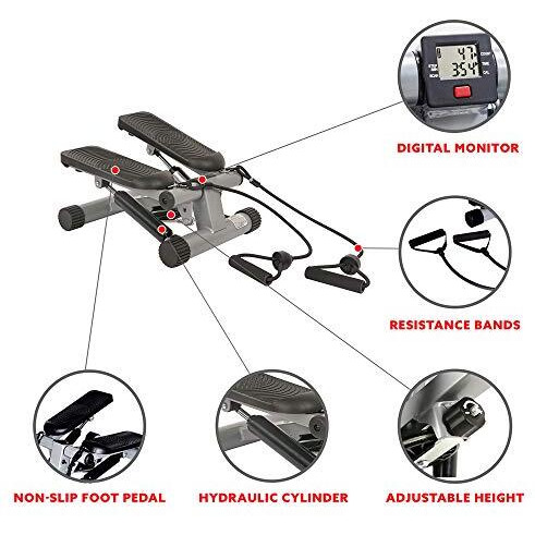 Sunny Health & Fitness Mini Stepper For Exercise Low-Impact Stair Step Cardio Equipment With Resistance Bands, Digital Monitor, Optional Twist Motion Stepper