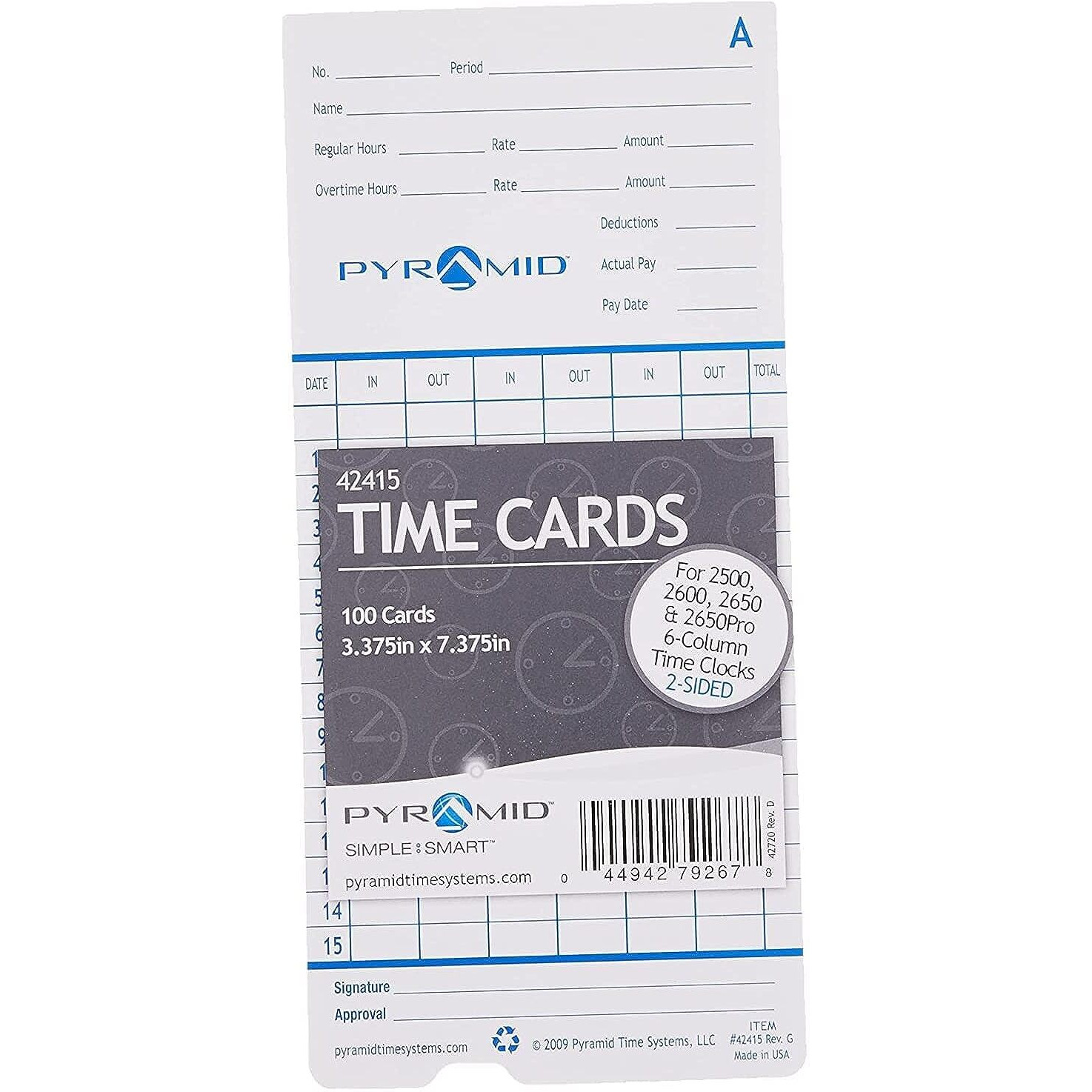 Pyramid Time Systems 42415 Genuine And Authentic Time Cards For 2500, 2600 & 2650 Auto Aligning Time Clocks, 100/Pk, Teal/Orange