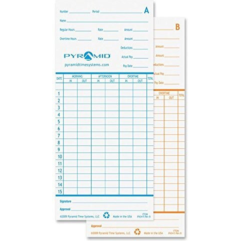 Pyramid Time Systems 42415 Genuine And Authentic Time Cards For 2500, 2600 & 2650 Auto Aligning Time Clocks, 100/Pk, Teal/Orange