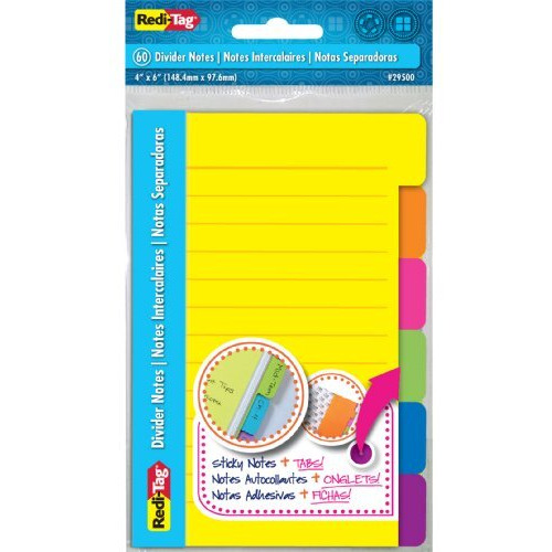 Redi-Tag Divider Sticky Notes, Tabbed Self-Stick Lined Note Pad, 60 Ruled Notes, 4 X 6 Inches, Assorted Neon Colors (29500)
