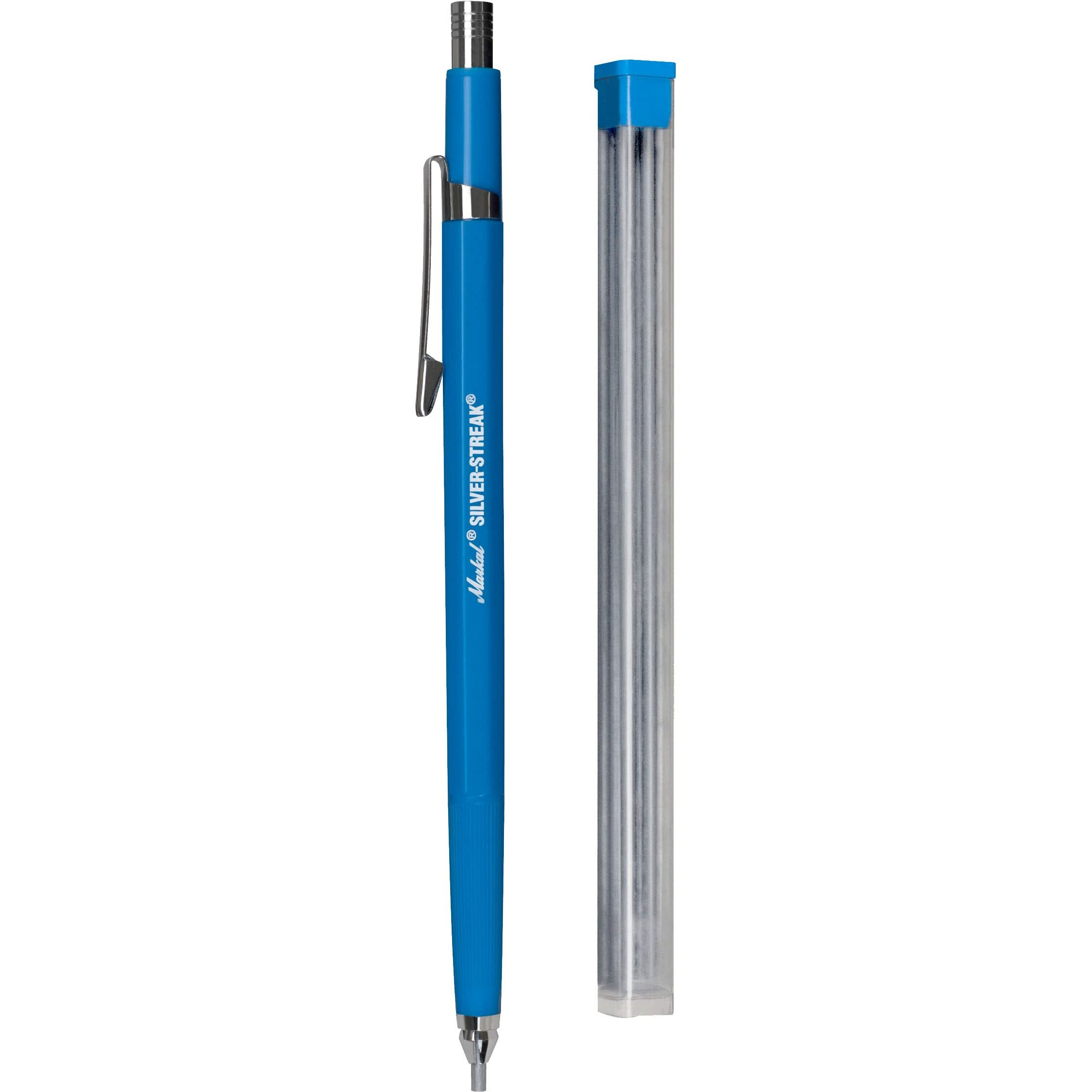 Markal 96107- Markal Refillable Mechanical Holder With 6 Silver Highly Visible Reflective Lead Refills, Built-In Sharpener, 1 Click Advance -Ideal For Metal Layout & Fabrication Work, Silver Streak