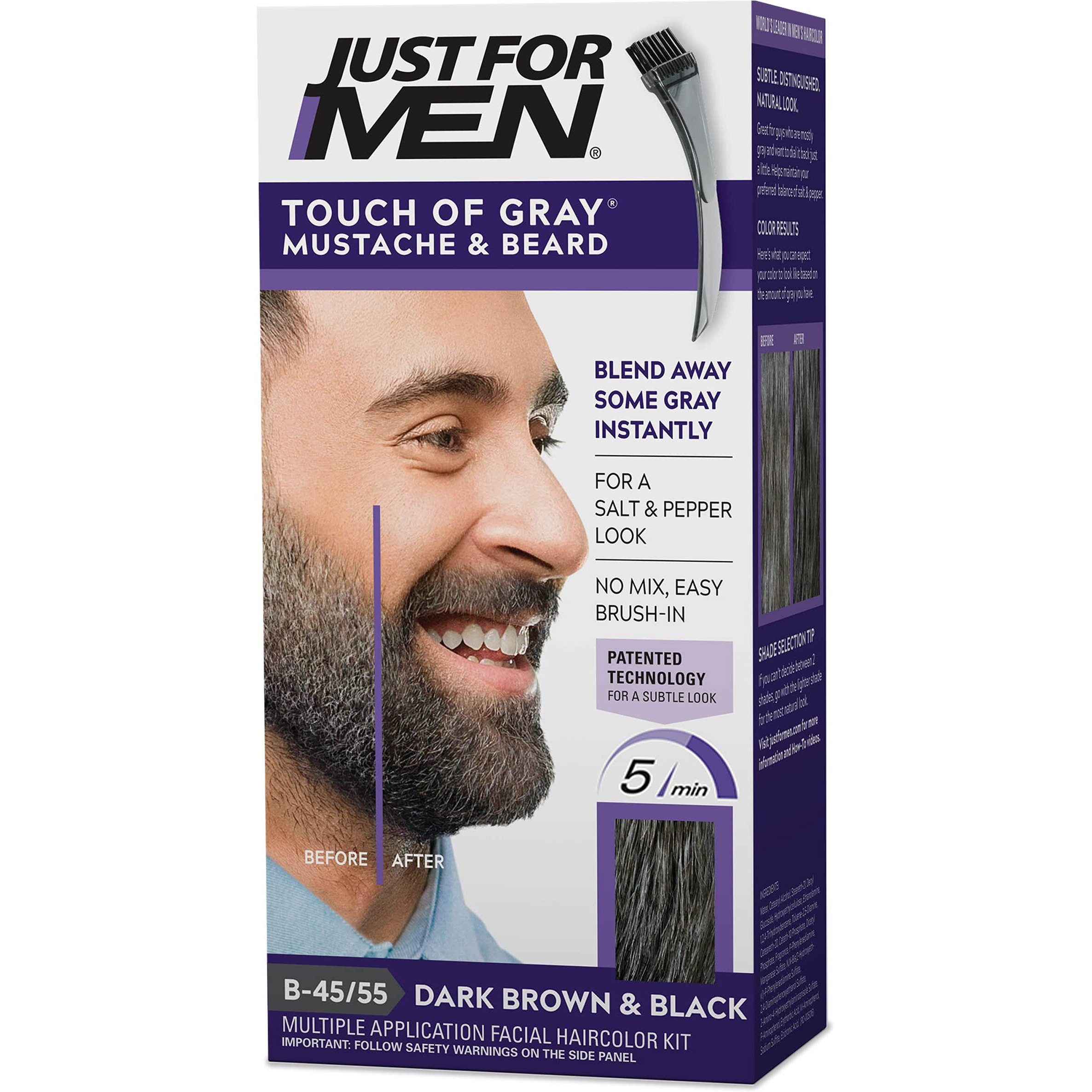 Just For Men Touch Of Gray Mustache & Beard Coloring For Gray Hair With Brush Included For Easy Application, Great For A Salt And Pepper Look - Dark Brown & Black, B-45/55, Pack Of 1