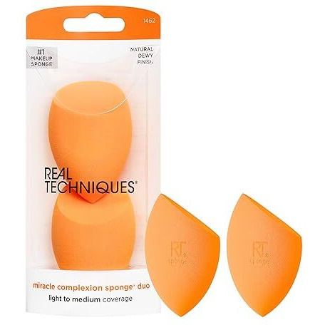 Real Techniques Miracle Complexion Sponge Duo, Makeup Blending Sponge, For Foundation, Offers Light To Medium Coverage, Natural, Dewy Makeup, Orange Sponge, Latex-Free Foam, 2 Count