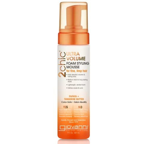 Giovanni 2Chic Ultra-Volume Foam Styling Mousse - Daily Volumizing Formula With Papaya & Tangerine Butter, Promotes Weightless Control For Fine Limp Thin Hair, No Parabens, Color Safe - 7 Oz