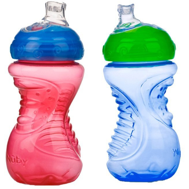Nuby 2-Pack No-Spill Super Spout Easy Grip Cup, 10 Ounce, 6 Months +, Red And Blue