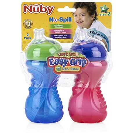 Nuby 2-Pack No-Spill Super Spout Easy Grip Cup, 10 Ounce, 6 Months +, Red And Blue