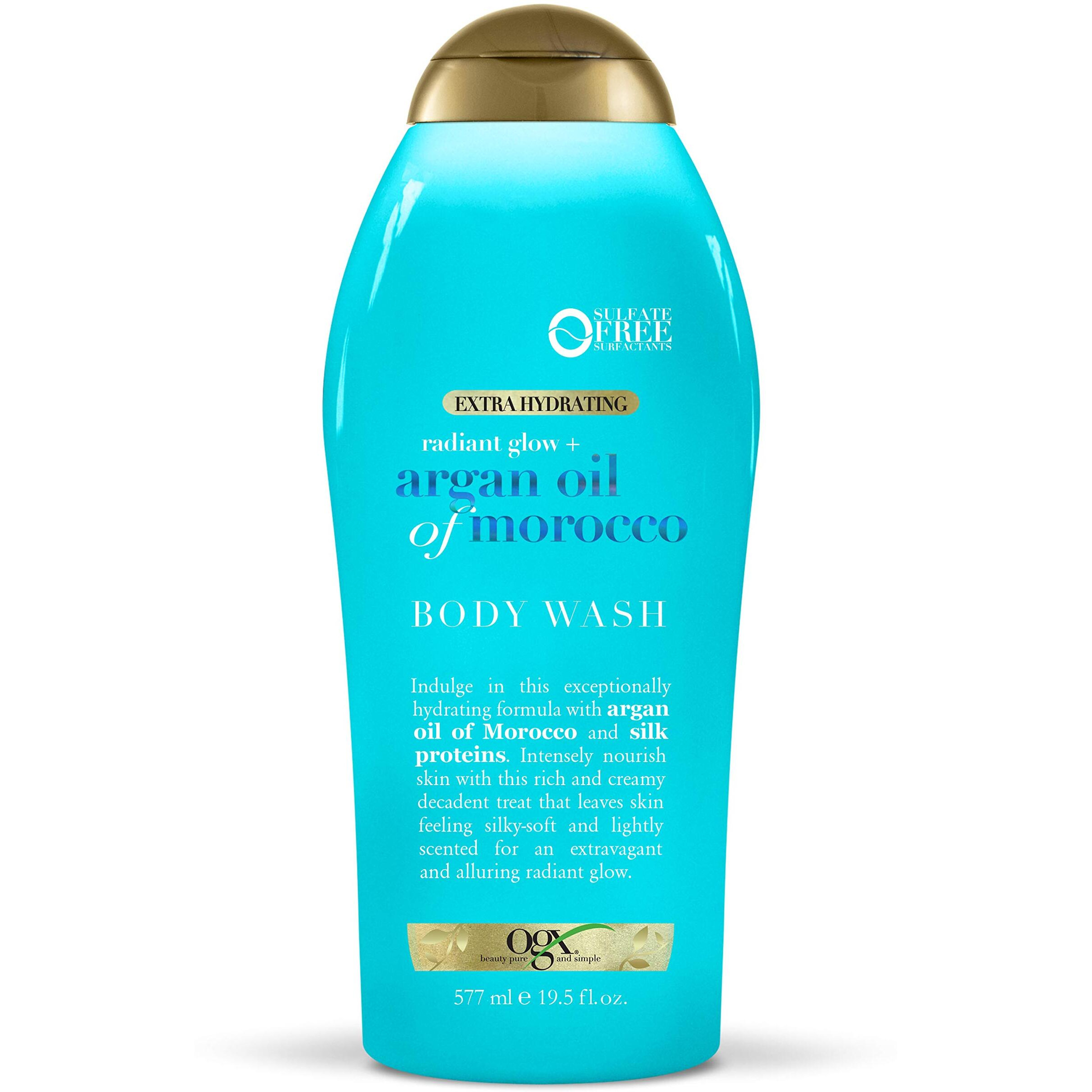 Ogx Radiant Glow + Argan Oil Of Morocco Extra Hydrating Body Wash For Dry Skin, Moisturizing Gel Body Cleanser For Silky Soft Skin, Paraben-Free, Sulfate-Free Surfactants, 195 Fl Oz