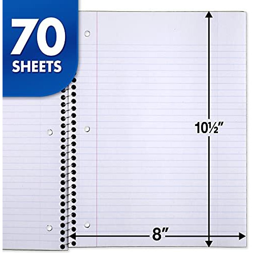 Mead Spiral Notebooks, 1 Subject, College Ruled Paper, 70 Sheets, Colored Note Books, Lined Paper, Home School Supplies For College Students & K-12, 10 1/2"" X 8   , Assorted Colors, 6 Pack (73065)