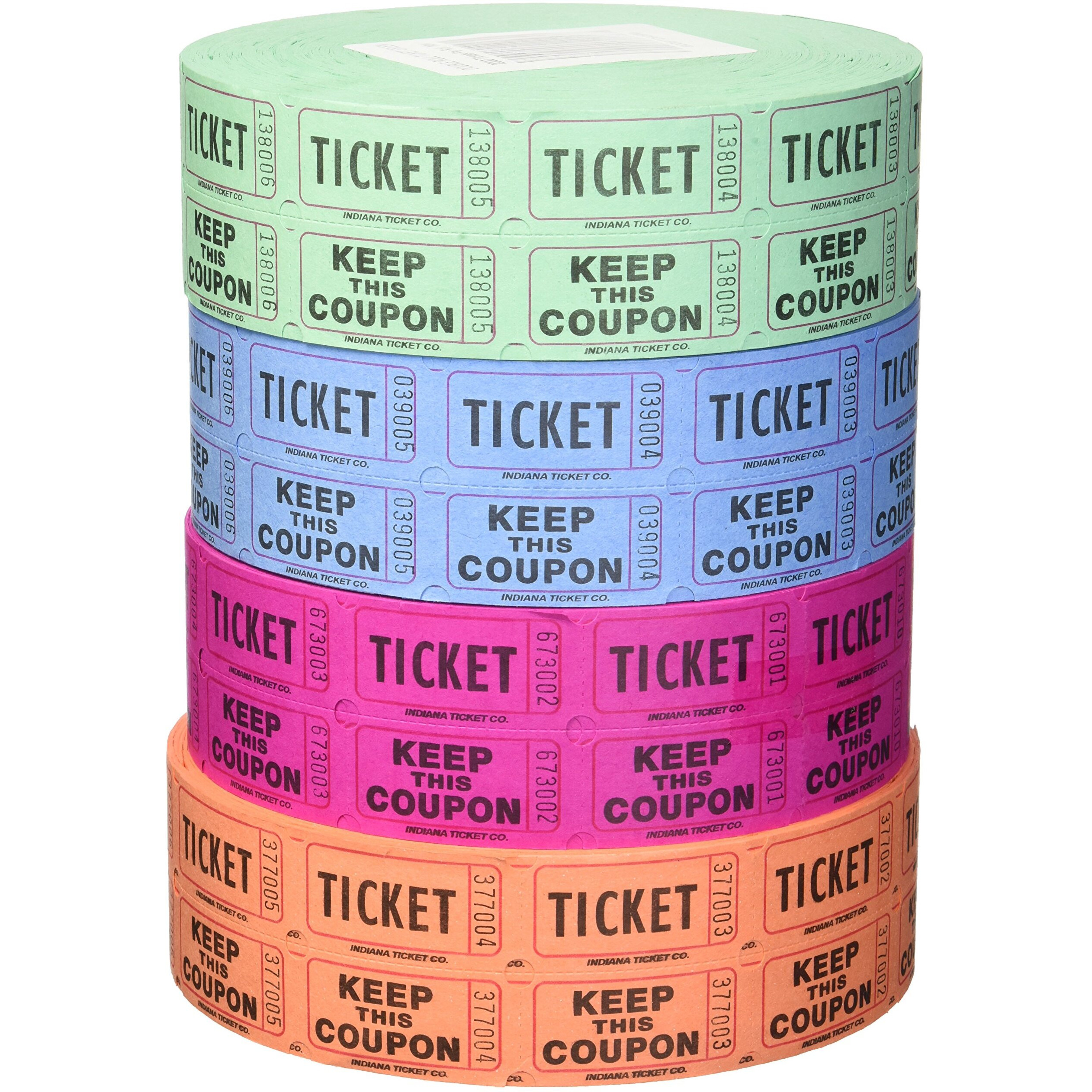 Indiana Ticket Company 56759 Raffle Tickets, (4 Rolls Of 2000 Double Tickets) 8, 000 Total 50/50 Raffle Tickets, (Assorted Colors)