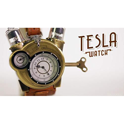 Thinkgeek Steampunk-Styled Tesla Analog Watch Weathered-Brass Look On Metal Findings Plus Leather Strap