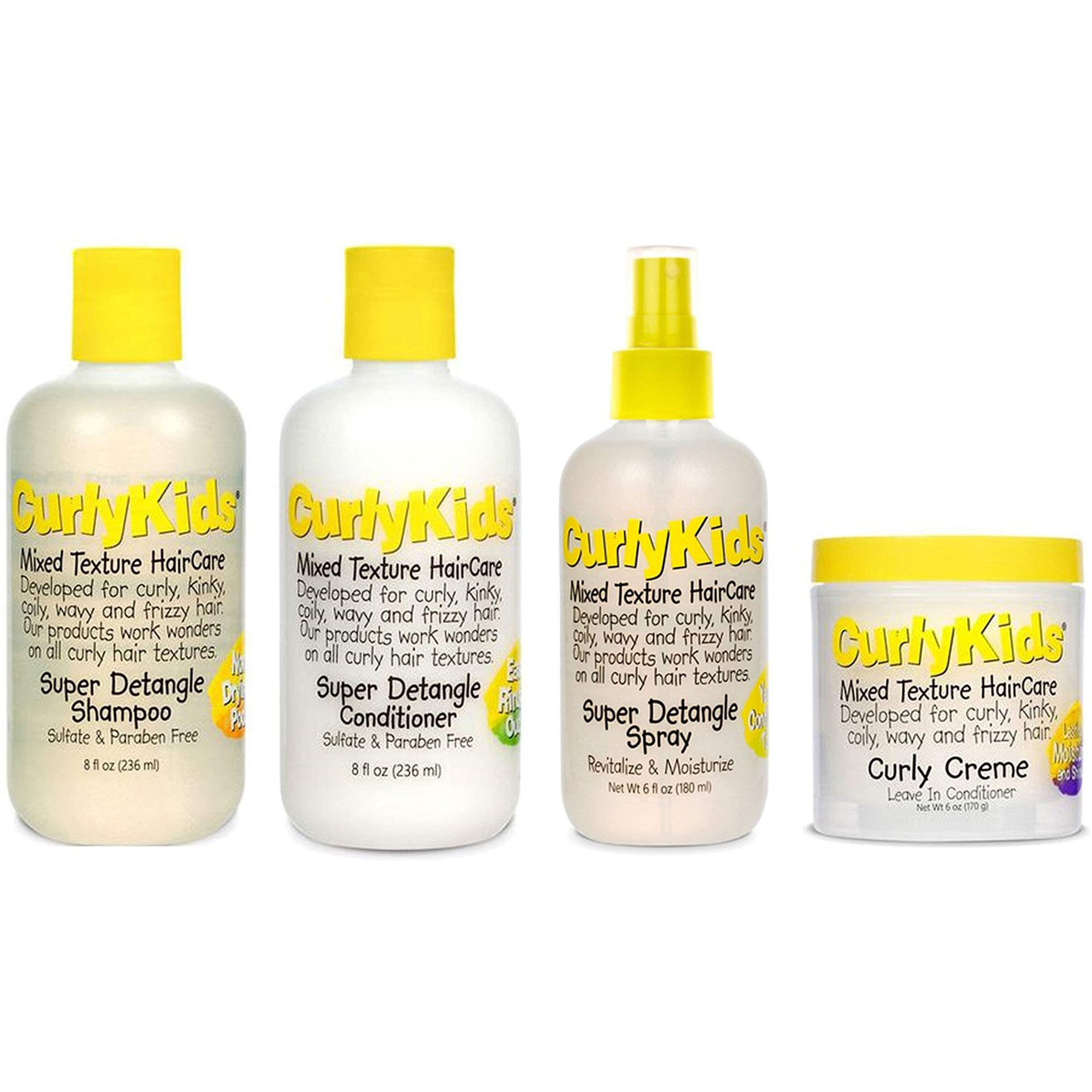 Curlykids Mixed Hair Haircare Set Super Detangling Shampoo/Conditioner 8.0 Ounce, Spray 6.0 Ounce, Curly Cr   Me Conditioner 6.0 Ounce - 4-Pack