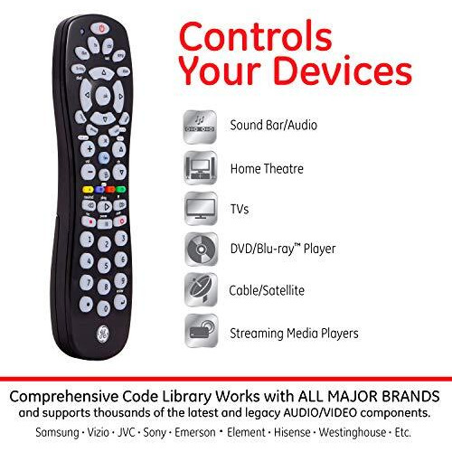 Ge Universal Remote Control For Samsung, Vizio, Lg, Sony, Sharp, Roku, Apple Tv, Tcl, Panasonic, Smart Tvs, Streaming Players, Blu-Ray, Dvd, 6-Device, Black, 34459