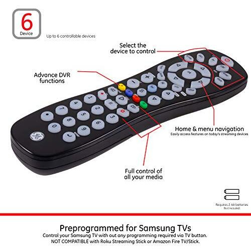 Ge Universal Remote Control For Samsung, Vizio, Lg, Sony, Sharp, Roku, Apple Tv, Tcl, Panasonic, Smart Tvs, Streaming Players, Blu-Ray, Dvd, 6-Device, Black, 34459