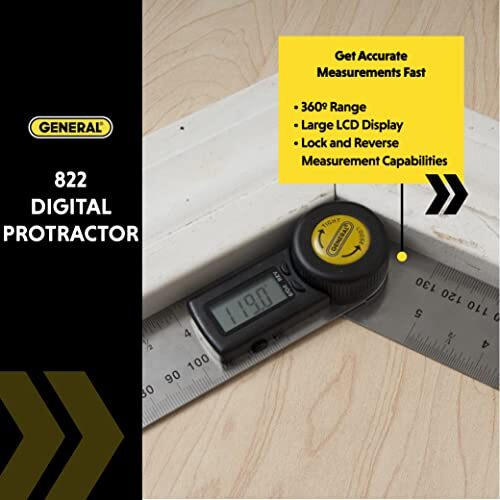 General Tools Digital Angle Finder Ruler 822 - 5"" Stainless Steel Woodworking Protractor Tool With Large Lcd Display