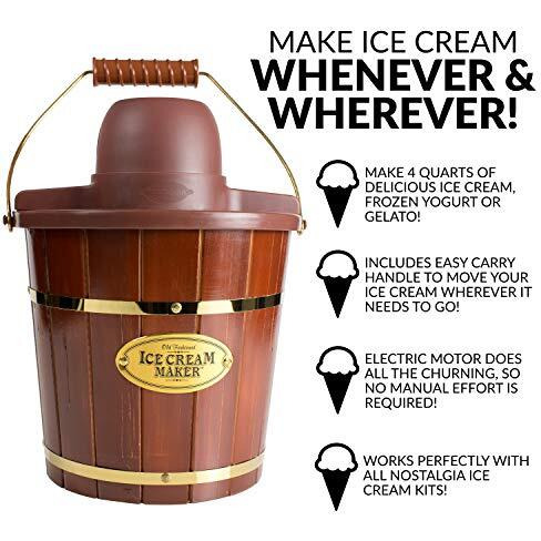 Nostalgia Electric Ice Cream Maker - Old Fashioned Soft Serve Ice Cream Machine Makes Frozen Yogurt Or Gelato In Minutes - Fun Kitchen Appliance - Vintage Wooden Style - Dark Wood - 4 Quart
