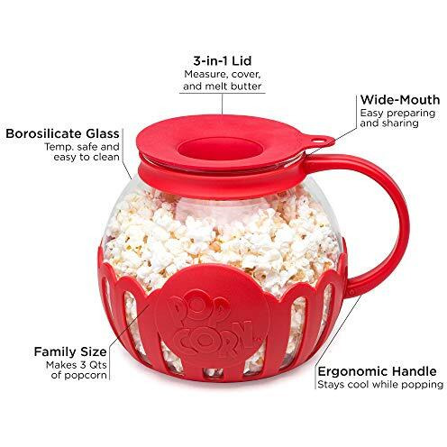 Ecolution Patented Micro-Pop Microwave Popcorn Popper With Temperature Safe Glass, 3-In-1 Lid Measures Kernels And Melts Butter, Made Without Bpa, Dishwasher Safe, 3-Quart, Red