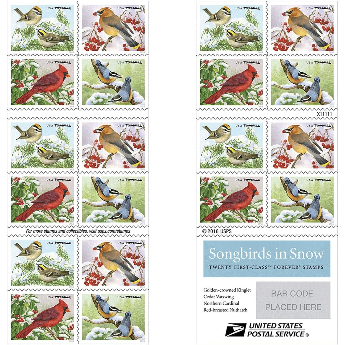 Songbirds In Snow Forever First Class Usps Postage Stamps (20 Stamps)