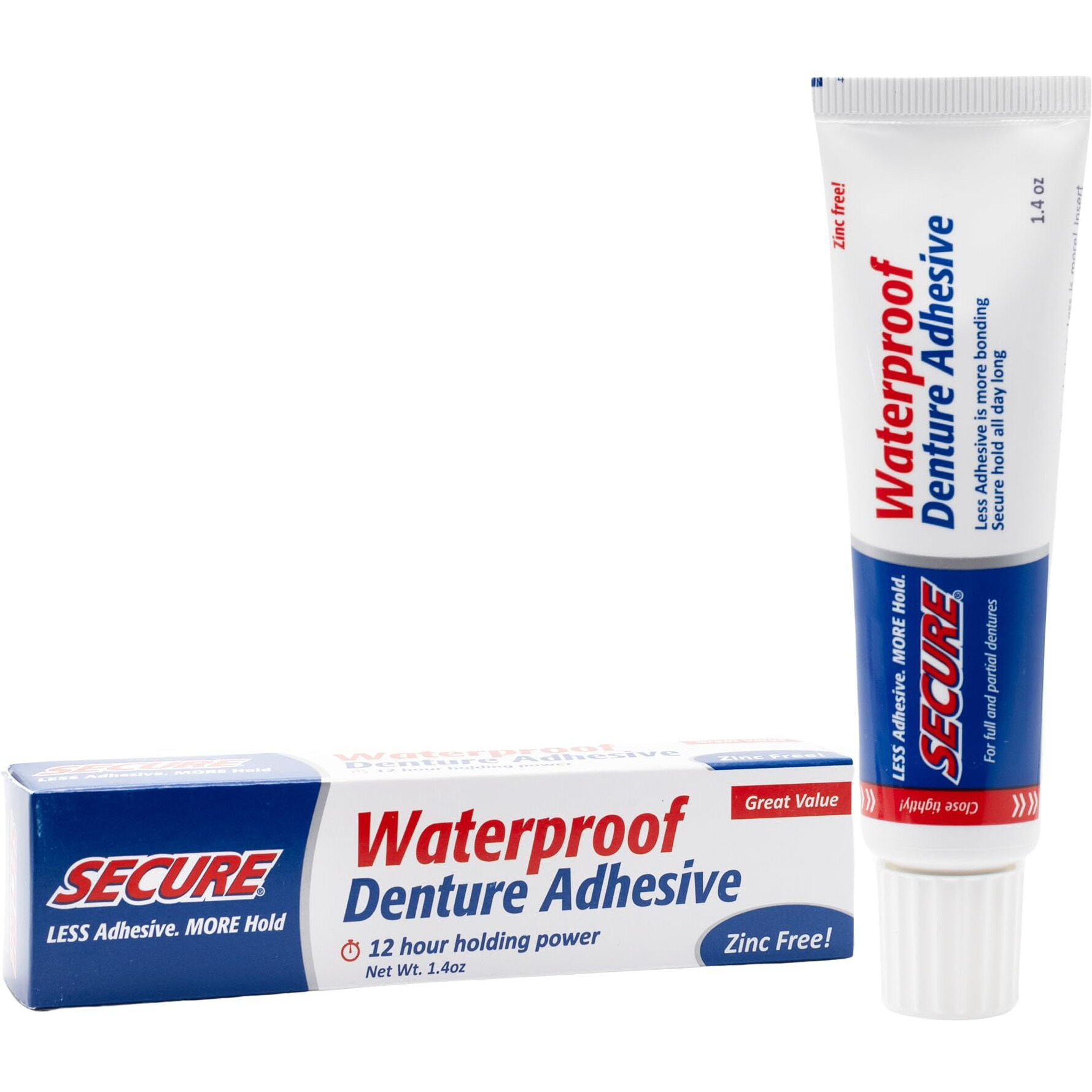 Secure Waterproof Denture Adhesive - Zinc Free - Extra Strong Hold For Upper, Lower Or Partials - 1.4 Oz