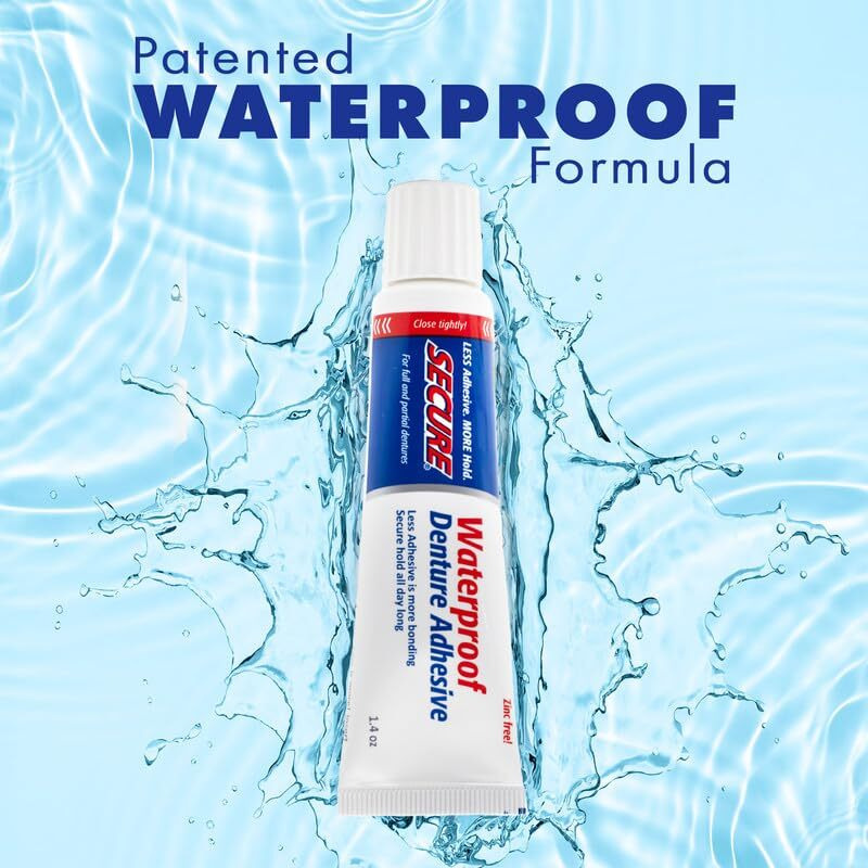 Secure Waterproof Denture Adhesive - Zinc Free - Extra Strong Hold For Upper, Lower Or Partials - 1.4 Oz