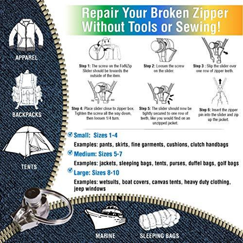 Fixnzip (Black Nickel 3 Pack S,M,L) - Universal Zipper Repair Kit For Jackets, Luggage, Bags - Backpack Zipper Replacement Repair Kit - Instant Zipper Fix