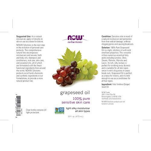 Now Solutions, Grapeseed Oil, Skin Care For Sensitive Skin, Light Silky Moisturizer For All Skin Types, 16-Ounce