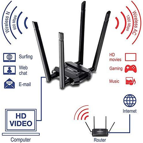 Trendnet Ac1900 High Power Dual Band Wireless Usb Adapter, Increase-Extend Wifi Wireless Coverage, Stream 4K Hd Video, Windows-Mac Os Compatible, Usb 3.0 To Usb Type A, Black, Tew-809Ub