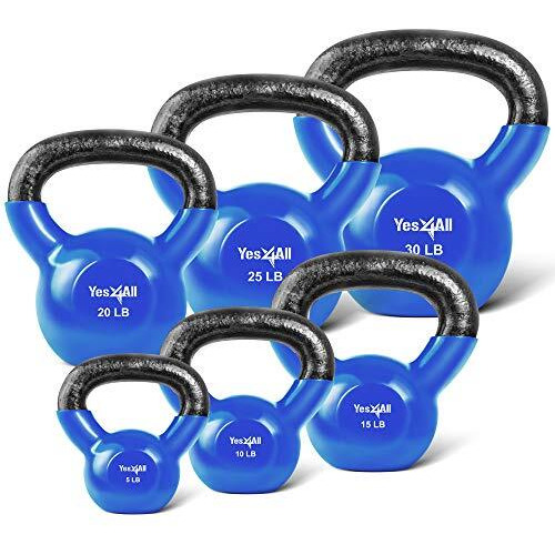 Yes4All Combo Vinyl Coated Kettlebell Weight Sets     Great For Full Body Workout And Strength Training     Vinyl Kettlebells 5 10 15 20 25 30 Lbs, Blue, K2Ky