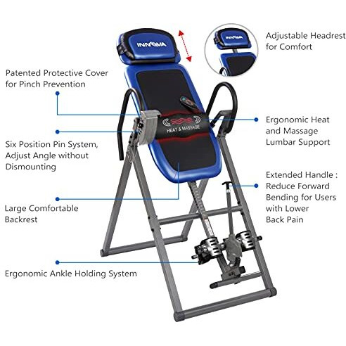 Innova Health And Fitness Itm4800 Advanced Heat And Massage Inversion Table,Black/ Blue / Gray