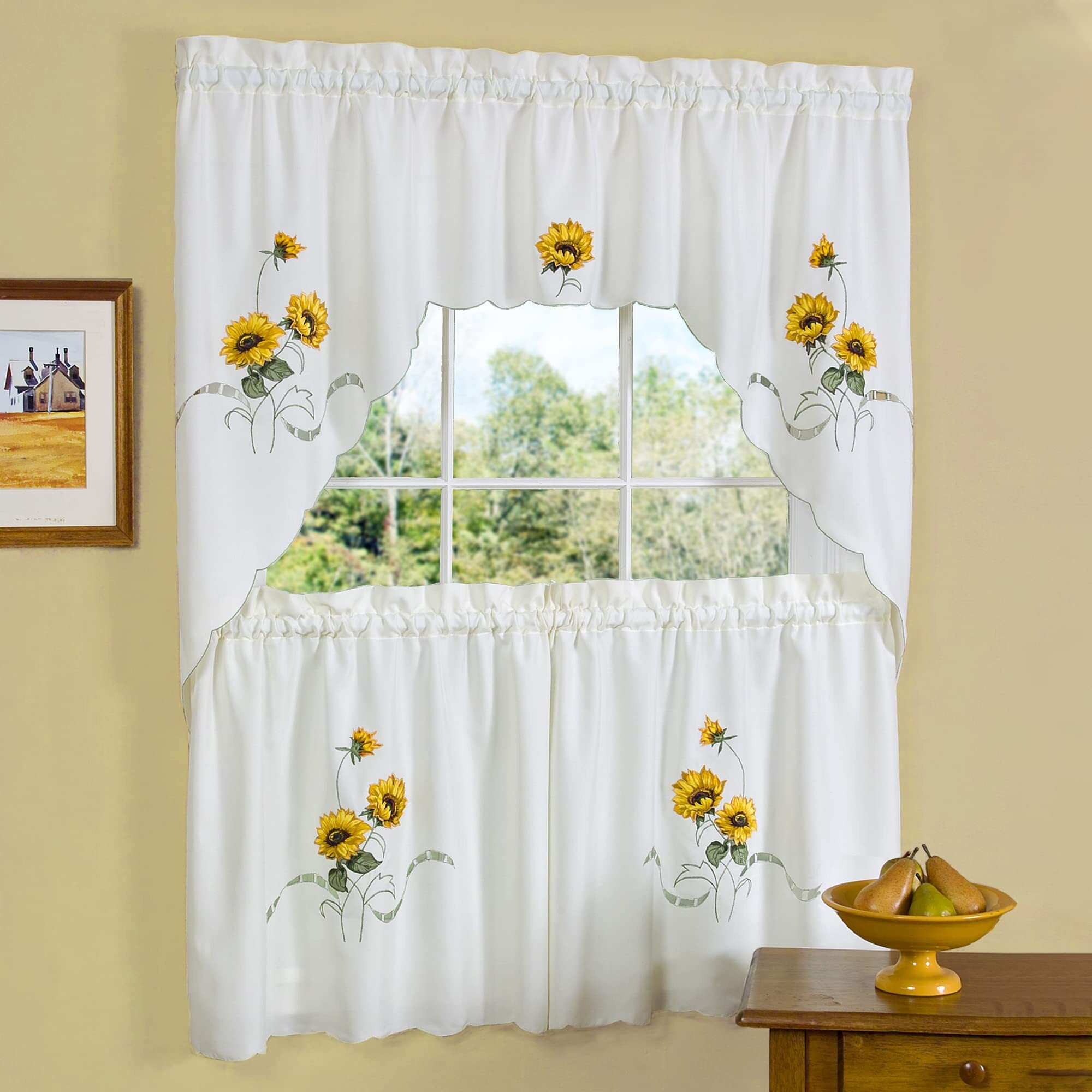 Embellished Tier And Swag Window Curtain Set - 58 Inch Width, 36 Inch Length - Sunshine- Light Filtering Polyester Drapes For Kitchen, Bedroom, Living & Dining Room By Achim Home Decor