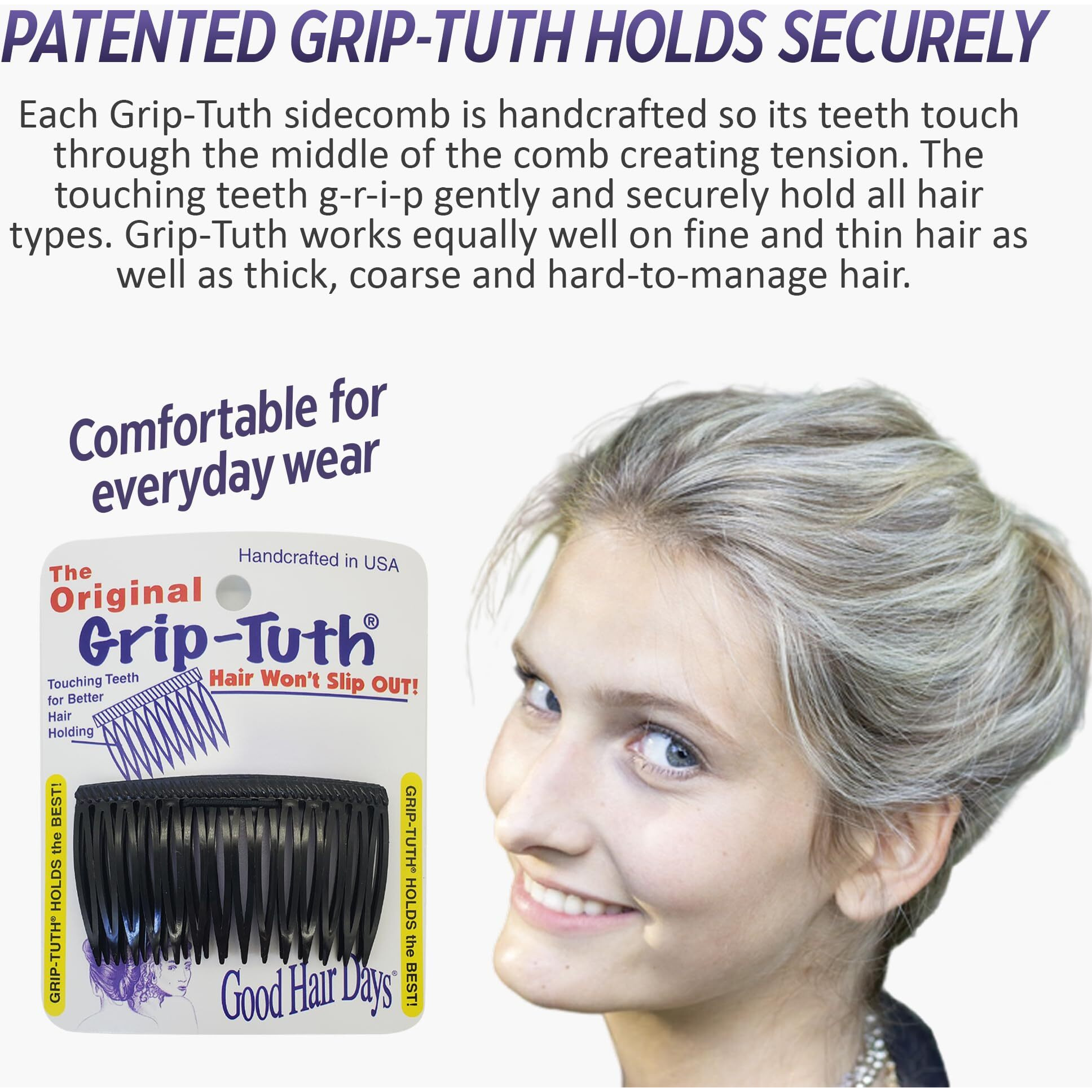 Good Hair Days Grip-Tuth Combs - Set Of 2 Hair Side Combs - Hair Combs For All Types Of Hair - Decorative & Hair Styling Women Accessories (Shell, 3   Wide) ""