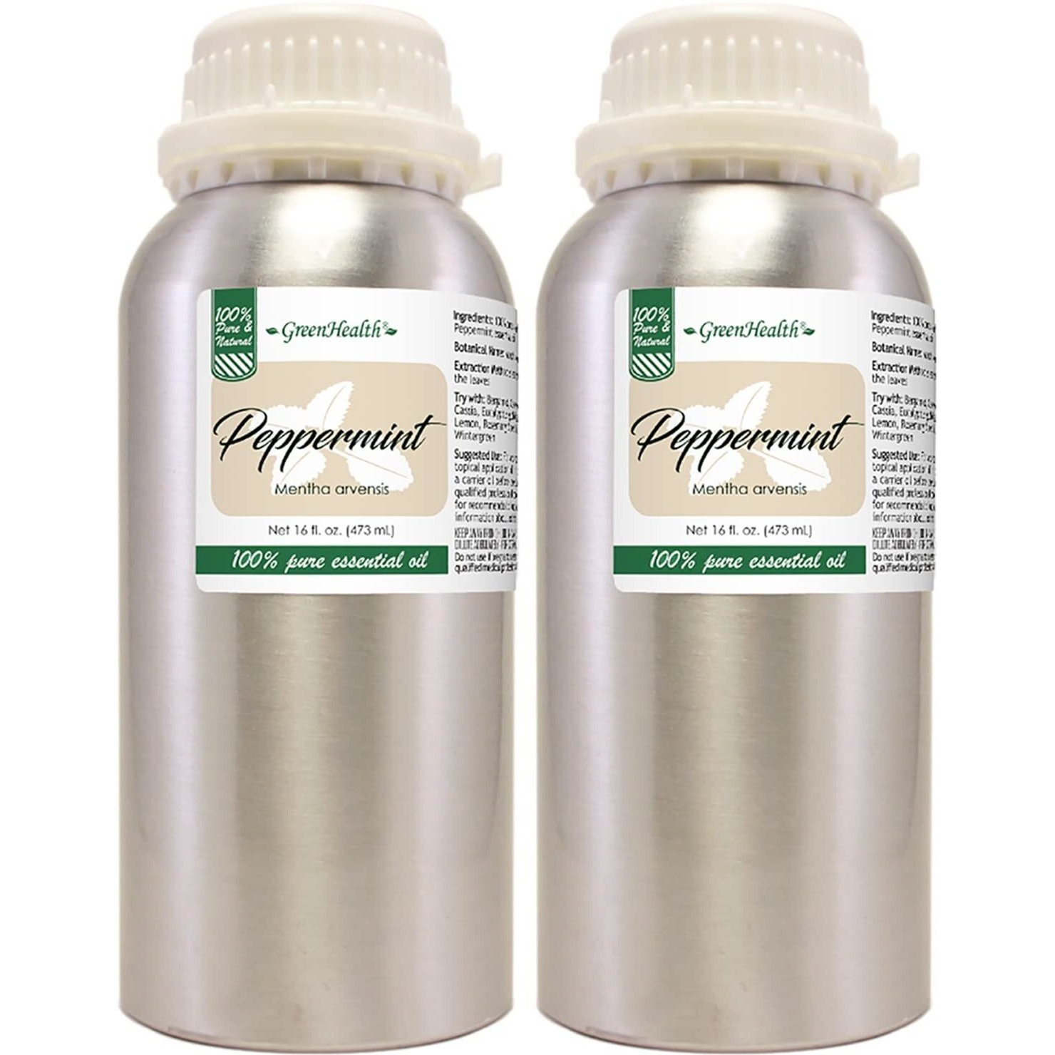 2 Bottles - 16 Fl Oz Peppermint Essential Oil (100% Pure & Uncut), Aluminum Bottle - Greenhealth