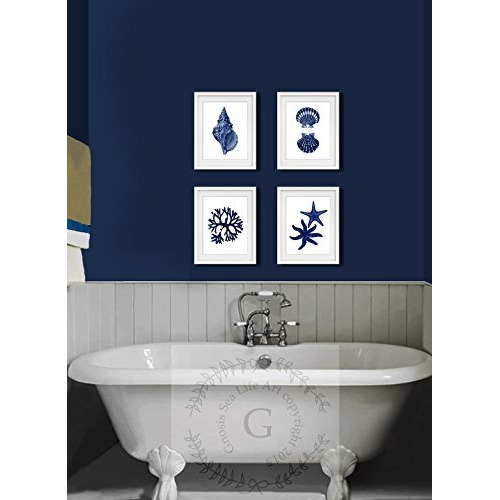 Gnosis Picture Archive Navy Blue Beach Wall Art Decor Set Of 4 Unframed Prints Coastal Home Decor