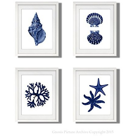 Gnosis Picture Archive Navy Blue Beach Wall Art Decor Set Of 4 Unframed Prints Coastal Home Decor