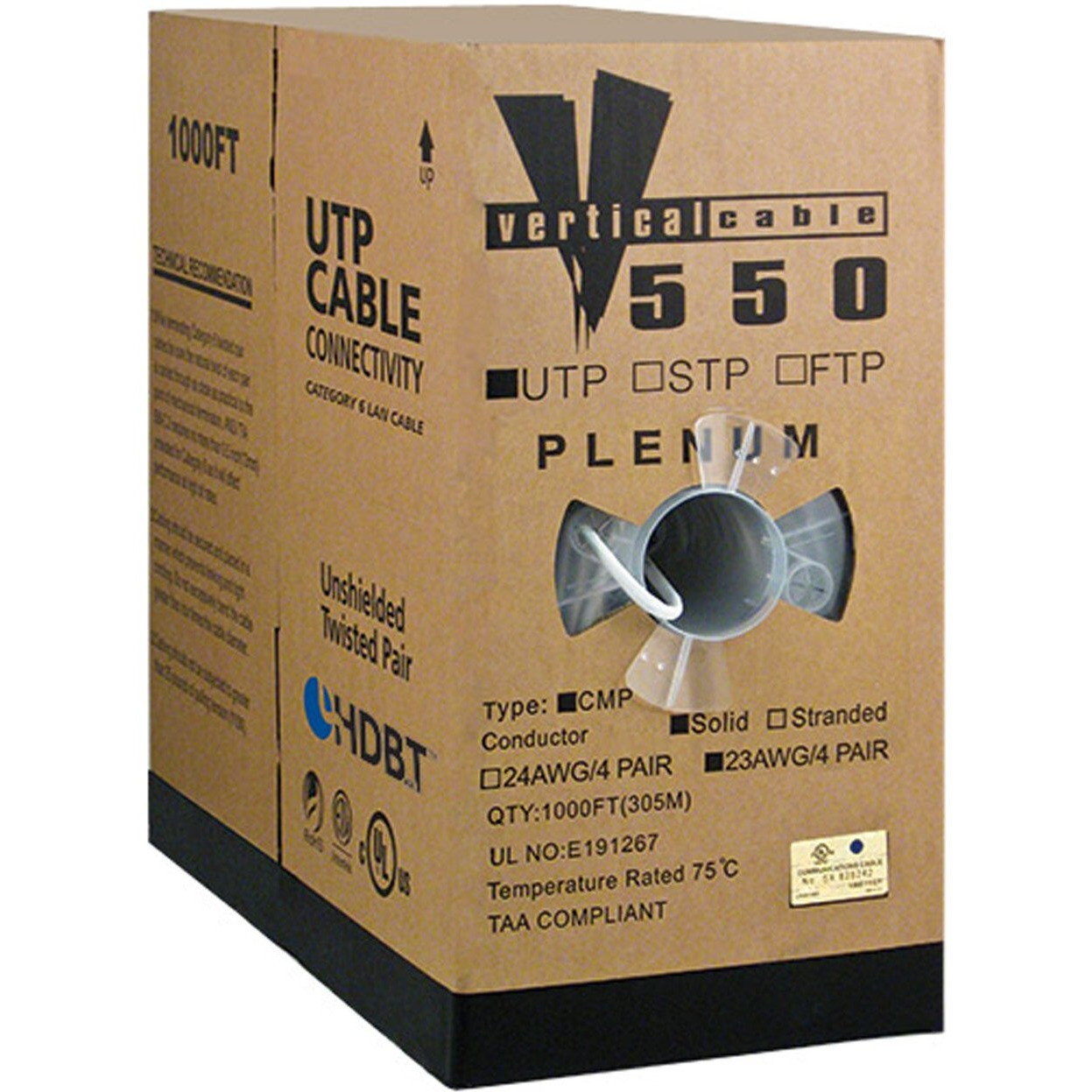 Cat6, Utp, 23Awg, 8C Solid Bare Copper, Plenum, 1000Ft, White, Bulk Ethernet Cable