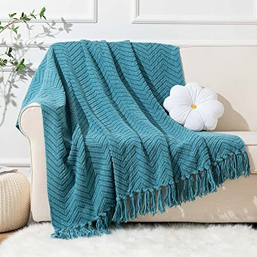 Battilo Home Teal Throw Blanket For Couch, Knit Woven Turquoise Blankets Versatile For Chair, Super Soft Warm Decorative Green Blanket With Tassels For Bed Sofa, 50X60