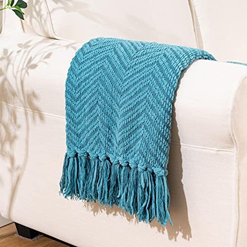Battilo Home Teal Throw Blanket For Couch, Knit Woven Turquoise Blankets Versatile For Chair, Super Soft Warm Decorative Green Blanket With Tassels For Bed Sofa, 50X60