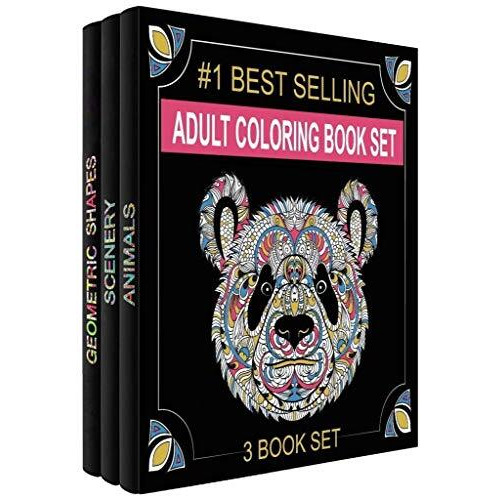 Adult Coloring Books Set - 3 Coloring Books For Grownups - 120 Unique Animals, Scenery & Mandalas Designs. Coloring Books For Adults Relaxation.