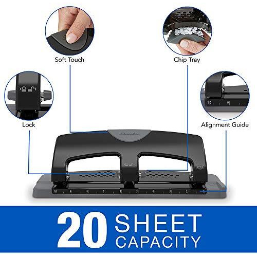 Swingline 3 Hole Punch, 20 Sheet Capacity Three Hole Puncher 3 Ring, Paper Punch, Smarttouch Low Effort, Black & Silver (74133)