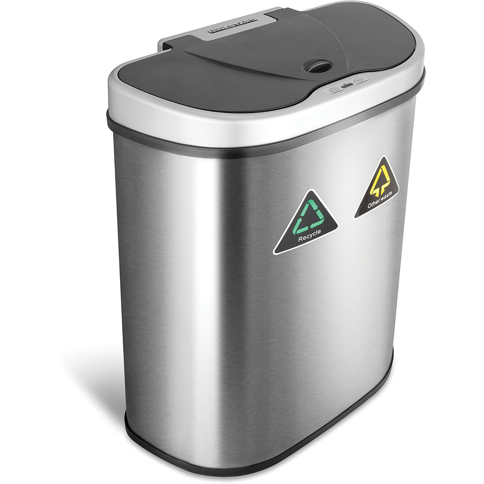 Ninestars Automatic Touchless Infrared Motion Sensor Trash Canrecycler With D Shape Silverblack Lid & Stainless Base, 18 Gal, Stainless Steel