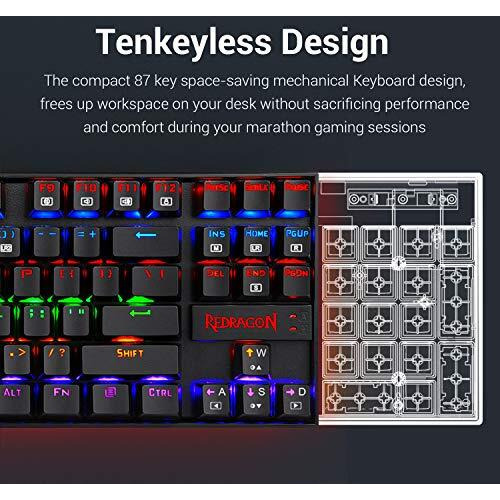 Redragon K552 Mechanical Gaming Keyboard 87 Key Rainbow Led Backlit Wired With Anti-Dust Proof Switches For Windows Pc (Black Keyboard, Red Switches)