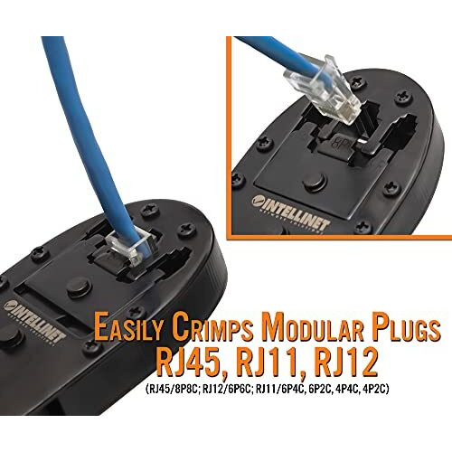 Intellinet Rj45 Crimp Tool - All-In-One Modular Pass Through Crimper With Wire Cutter & Stripper Functions - Crimps Rj45, Rj22, Rj12, Rj11, Rj10, Rj9 Connector Plugs - Lifetime Mfg Warranty - 211048