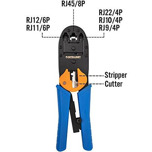 Intellinet Rj45 Crimp Tool - All-In-One Modular Pass Through Crimper With Wire Cutter & Stripper Functions - Crimps Rj45, Rj22, Rj12, Rj11, Rj10, Rj9 Connector Plugs - Lifetime Mfg Warranty - 211048